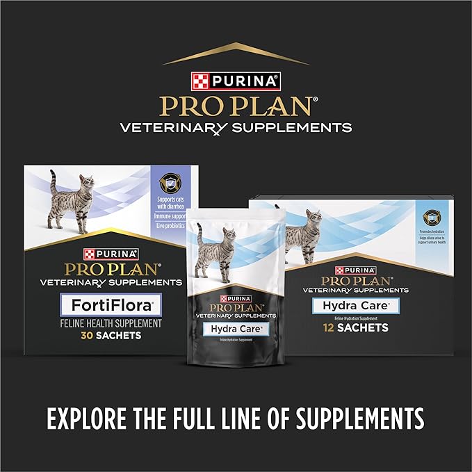 Purina Pro Plan Veterinary Supplements with cat images on a black background