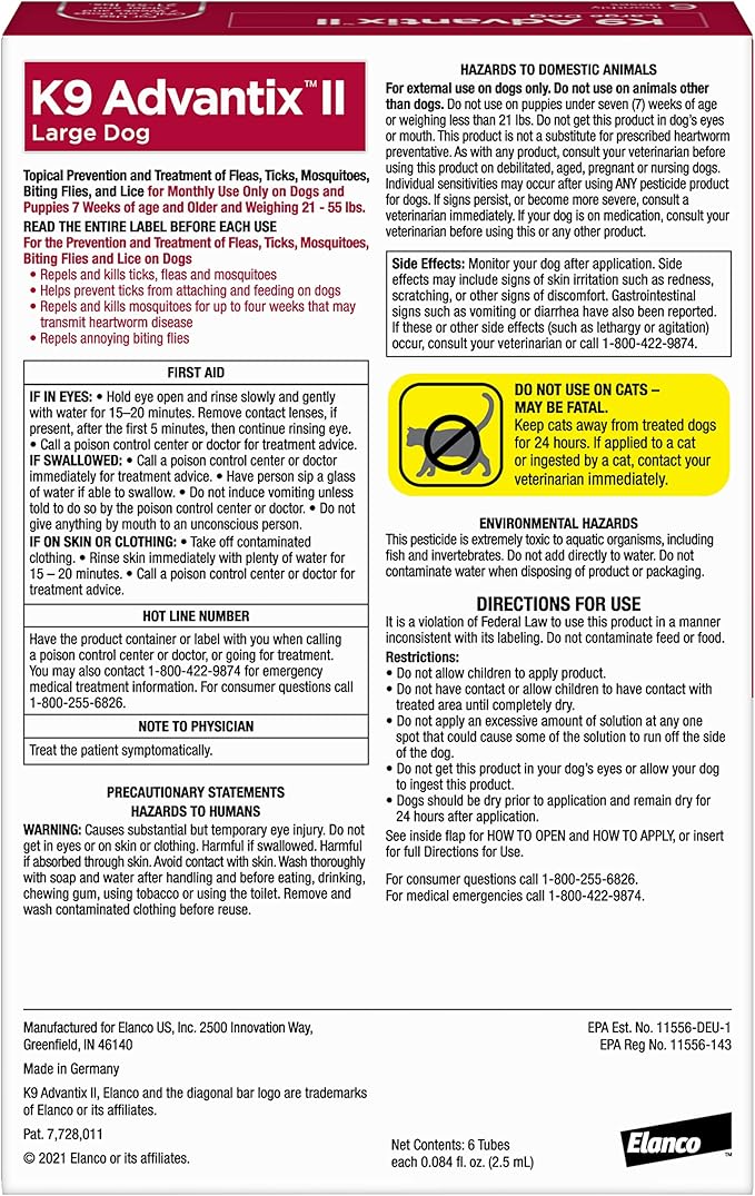K9 Advantix II Large Dog Vet-Recommended Flea, Tick & Mosquito Treatment & Prevention | Dogs 21–55 lbs. | 6-Month Supply