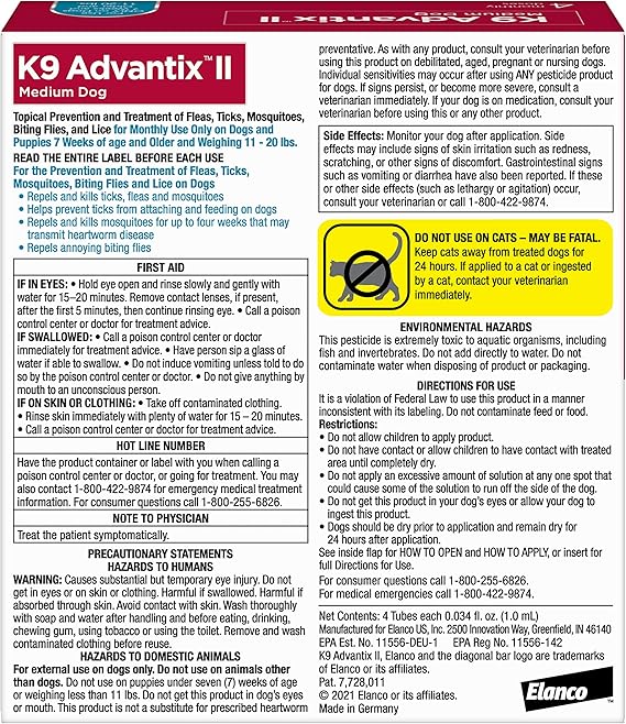 K9 Advantix II Medium Dog Vet-Recommended Flea, Tick & Mosquito Treatment & Prevention | Dogs 11–20 lbs. | 4-Month Supply