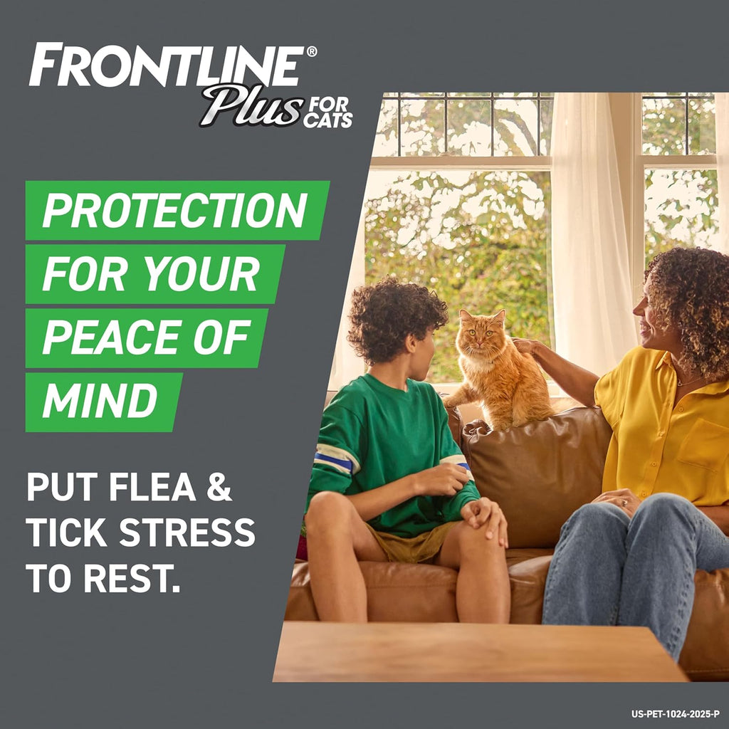 Advertisement for Frontline Plus for cats with a family on a couch with a cat, featuring text about flea and tick protection.