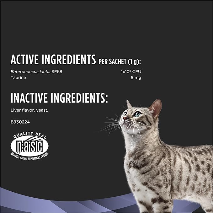 Cat supplement label with a cat on a black background