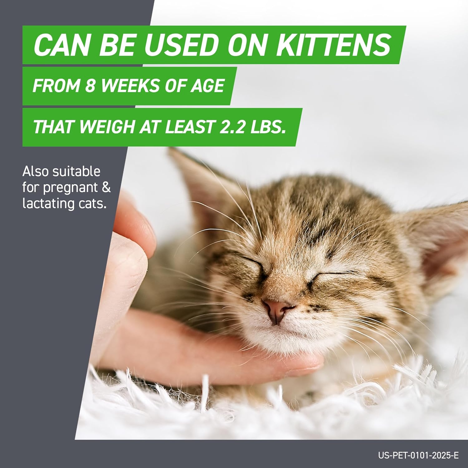 Kitten being held by a hand with text about usage on kittens from 8 weeks of age.