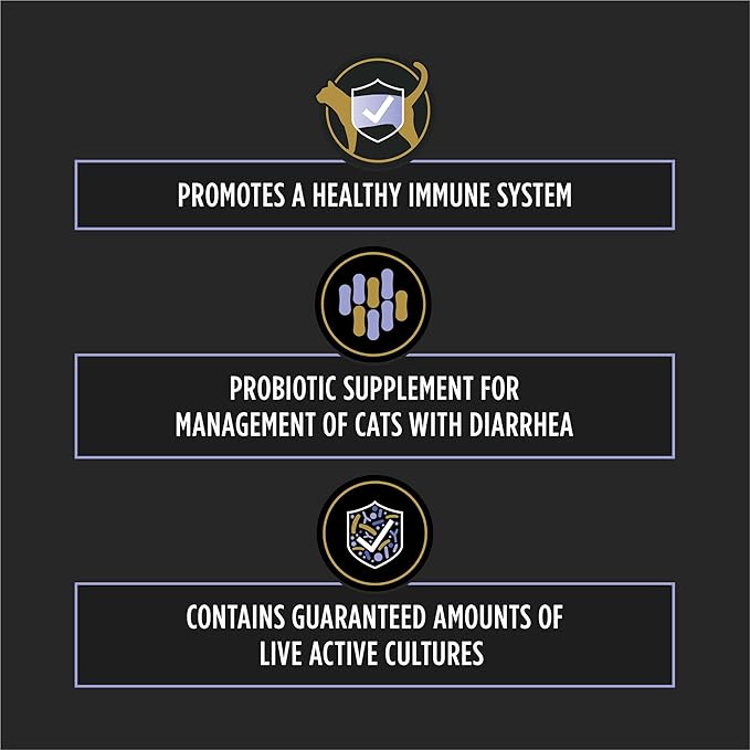 List of benefits of a probiotic supplement for cats on a black background with logos.