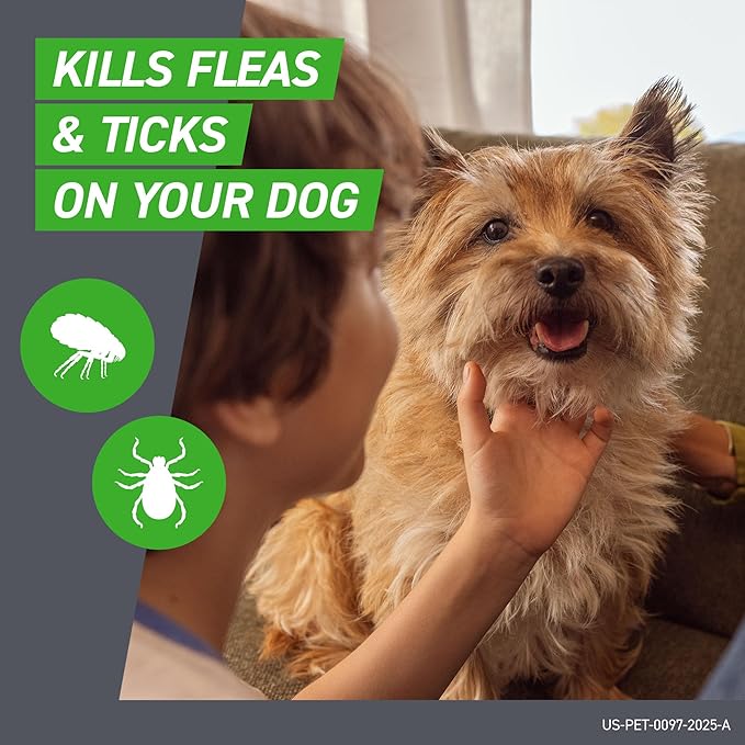 Person petting a dog with text about flea and tick control on a gray background