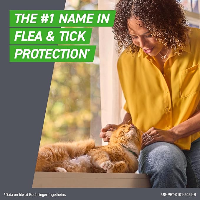 Woman petting a cat with text about flea and tick protection