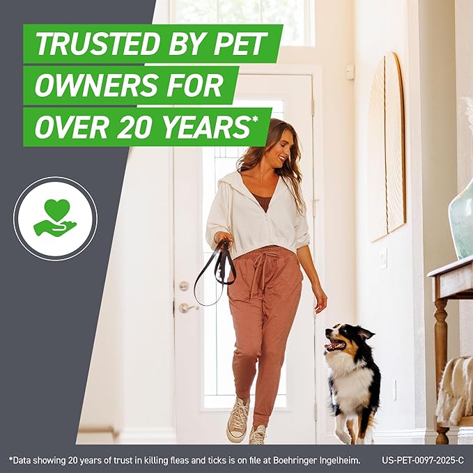Woman walking a dog with text about trust over 20 years, in a home setting.